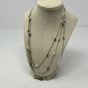 Gold Tone Multi Strand Layered Chain Faux Pearl Bead Long Necklace Women